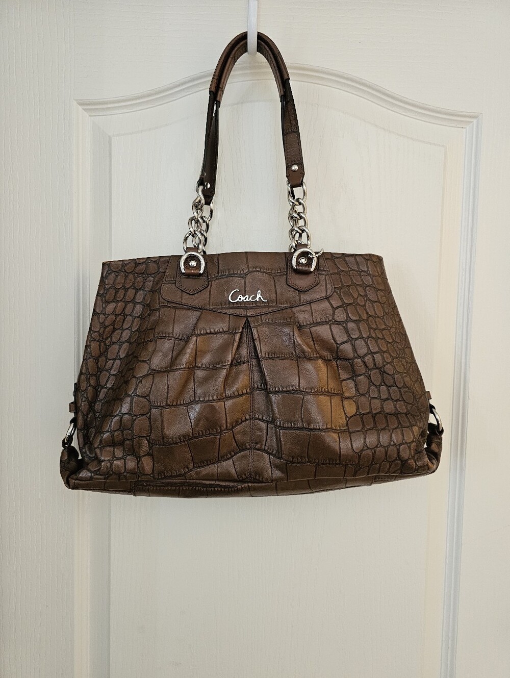 Coach Brown Croc-Embossed Shoulder Bag with Chain Handles